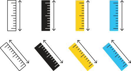 Obraz premium Ruler icon set for measurement and length, vertical and diagonal meter rules in black white yellow and blue colors, school and office stationery tools for drafting and engineering design vector.