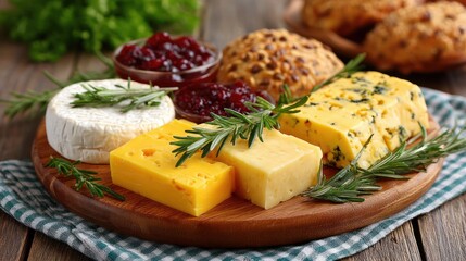 Cheese Lovers Day Assorted gourmet cheeses including Camembert and blue cheese served with cranberry jam and rosemary