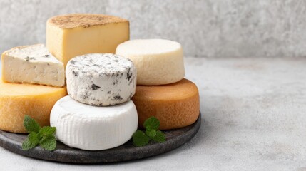 Cheese Lovers Day Assortment of gourmet cheese wheels and blocks stacked on a rustic slate board with mint leaves