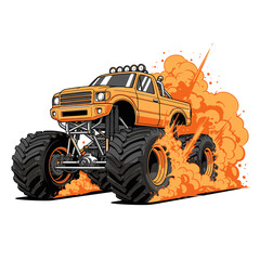 Exciting Off-Road Monster Truck Illustration Displaying Intense Power and Fiery Tire Action © Bayani