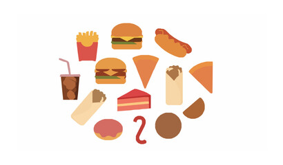 Junk food circle icon set with burger pizza and snacks flat vector