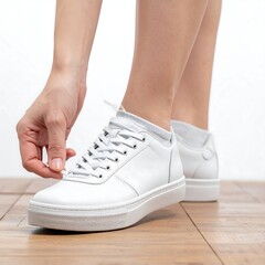 Tying White Leather Sneakers - A Close-Up of Footwear and Fashion.
