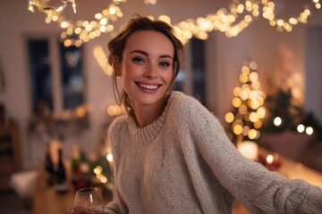 Smiling woman with long hair wearing cozy sweater, holding glass, surrounded by festive lights and decorations, creating a joyful holiday atmosphere in a warm indoor setting