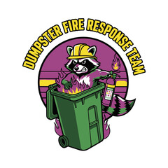 Dynamic Illustration of a Resilient Raccoon Heroically Tackling a Chaotic Waste Container Fire with an Extinguisher, Symbolizing Crisis Response Efforts © Bayani