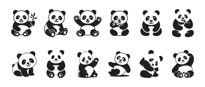 Playful panda illustrations, cute panda icons, simple panda art, happy character set