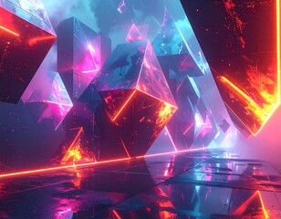 Futuristic abstract scene with glowing geometric shapes in neon hues