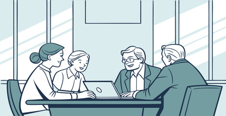 Business team collaborating on laptop in modern office setting