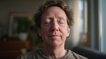 Middle-aged man with closed eyes, experiencing tranquility and mindfulness, seated in a cozy living room, surrounded by soft natural light and warm decor, embodying relaxation and peace