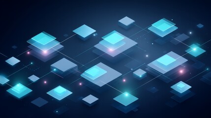 Fototapeta premium Futuristic digital security icons over circuit boards with glowing blockchain network grid in isometric perspective with copy space
