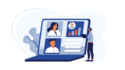 Businessman analyzing data on large laptop screen with team members