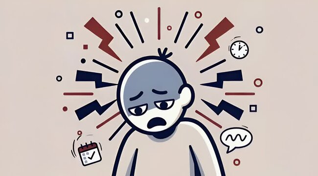 A cartoon illustration of a stressed person with symbols of pressure and anxiety.