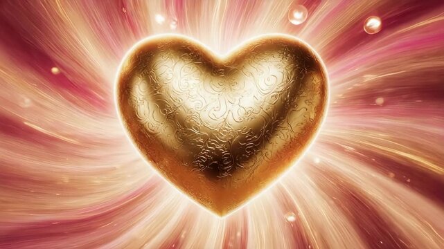 Ornate golden heart glowing amidst radial light rays and luminous particles