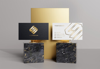 2 Business Cards On Gold And Black Marble Display Mockup