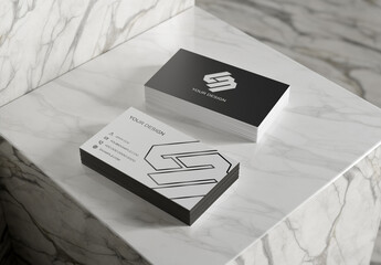 Two Editable Business Card Stacks Mockup In Marble Interior