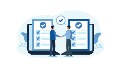 Businessmen shaking hands in front of checklists on large tablets