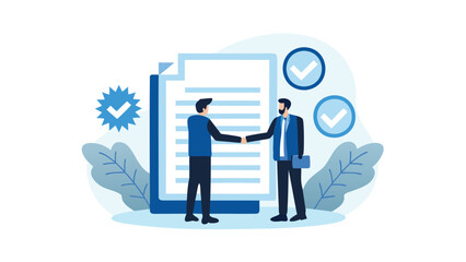 Businessmen shaking hands in front of a document with checkmarks