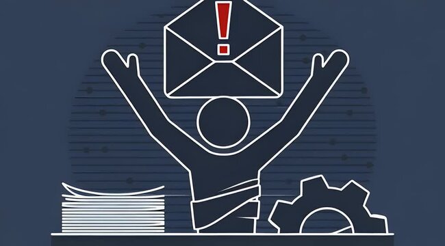 Stylized illustration of a person managing urgent email alerts and a heavy workload, symbolized by papers and a gear.