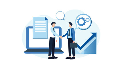 Businessmen shaking hands in front of laptop with document and growth chart