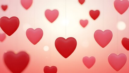 A festive Valentine's Day background with hanging red hearts on a pink gradient