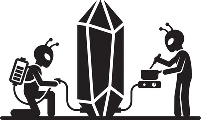 Alien characters with antennas using battery power to cook food from a large crystal vector © Zakir Ali