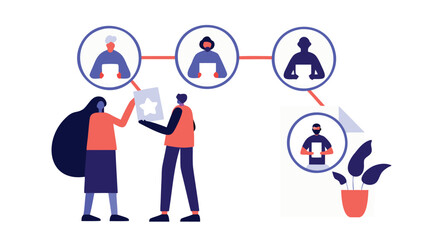 Business team collaborating on project with workflow diagram