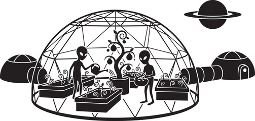 Alien gardening in a geodesic dome with planet in space extraterrestrial life cultivating plants © Zakir Ali