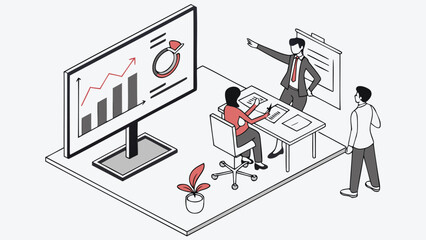 Business team discussing data on computer screen in modern office setting