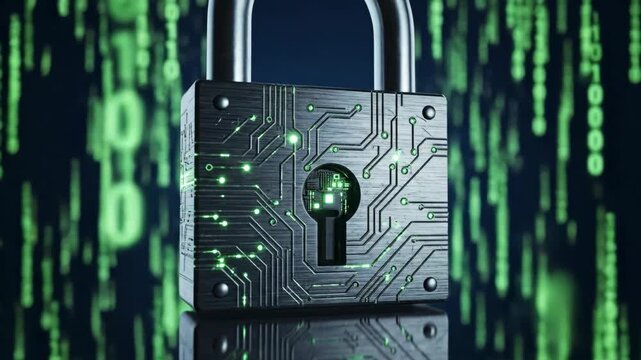Digital padlock with glowing circuit pattern against a falling binary code background for data security and network protection