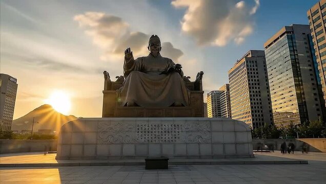 Time Lapse of King Sejong the Great Statue at Sunset in Gwanghwamun Square, Seoul, South Korea