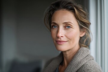 Mature woman with natural beauty, wearing a cozy sweater, gazes thoughtfully at the camera, showcasing her serene expression and warm ambiance in a softly lit indoor setting