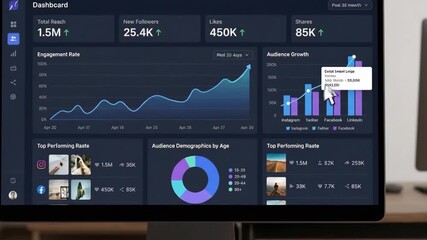 Social media analytics dashboard on computer screen with mouse cursor moving - Powered by Adobe