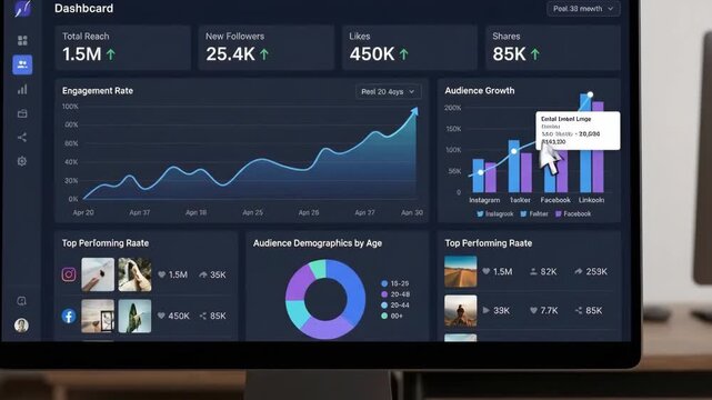 Social media analytics dashboard on computer screen with mouse cursor moving