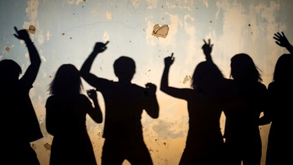 Silhouetted Party Crowd Against Textured Wall