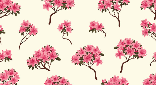 Vibrant pink azalea flowers with green leaves on delicate branches, forming a charming seamless pattern scattered across a soft cream background.