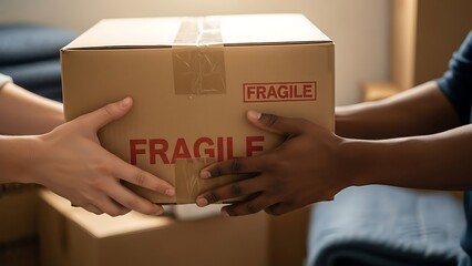 Delicate Delivery: Hands Exchanging a Fragile Box