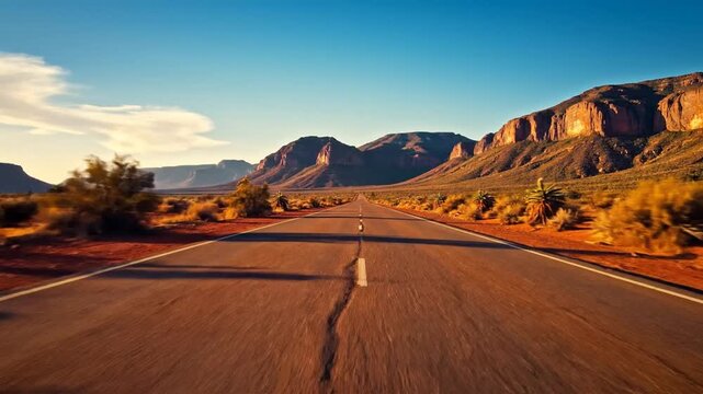 P145-Empty asphalt road stretching toward majestic outback mountains. 4K 10s