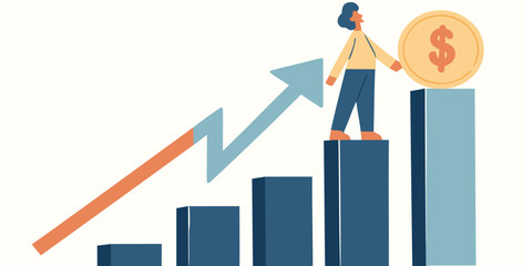 Businesswoman standing on growing bar chart with rising arrow and dollar coin