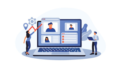 Business professionals collaborating on laptop with video conference