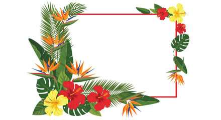 Naklejka premium Tropical floral frame border with vibrant hibiscus, bird of paradise flowers, and lush green palm leaves on a white background.