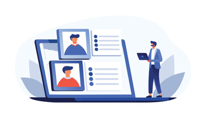 Businessman working remotely with laptop and video conferencing on large computer screen