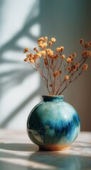 Sunlit Teal Glazed Vase with Dried Flowers and Abstract Wall Shadows.