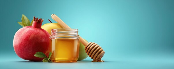 Rosh Hashanah Honey Jar Apples Pomegranate on Blue Background