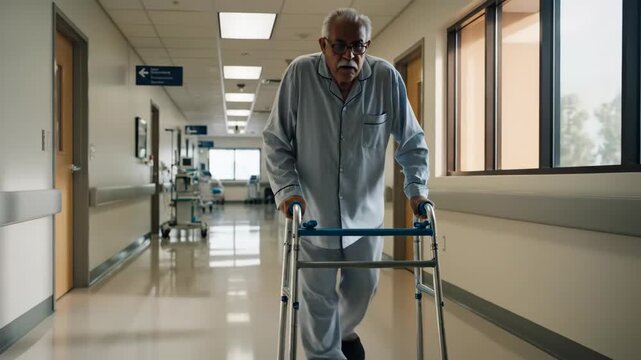 Elderly man using a walker in a hospital corridor for rehabilitation. Senior patient moving slowly for recovery and mobility.