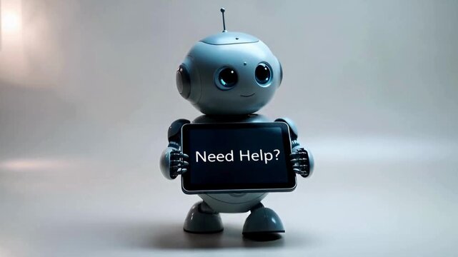A cute robot holding a sign asking Need Help? showcasing technology and support.