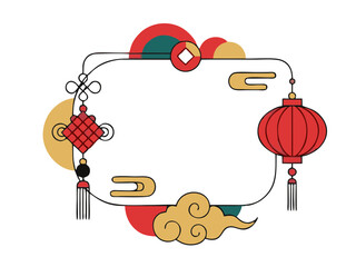 Traditional Chinese New Year Frame with Lantern and Mystic Knot for Lunar New Year Greeting