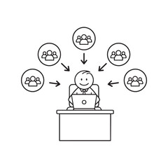 Cartoon stick man working on laptop computer receiving attention from multiple groups of people, concept of remote team management, target audience reach, or social media influencer.
