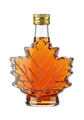 Small, clear glass maple leaf bottle, filled with golden amber maple syrup, gold cap, isolated on transparent, shadowless commercial light, concept of premium product presentation