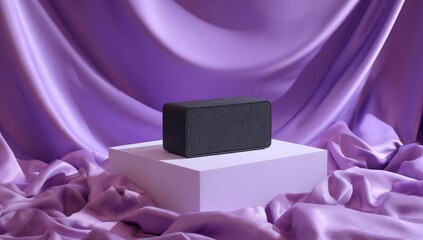 Modern speaker on a draped platform