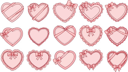 Heart frame border in pink coquette style with cute doodle ribbon and bow, coquette ribbon frames with bow in heart shapes, Whimsical design for love, vector template for gift box, invitation card