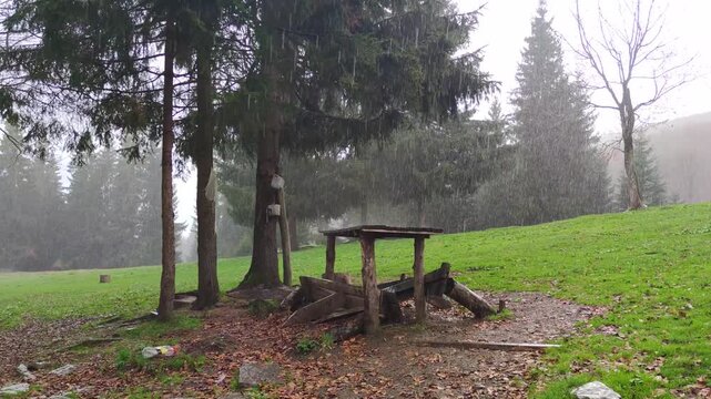a storm in a Carpathian mountain village near Rakhiv, Ukraine. Strong winds break trees, pouring rain falls, a wall of water crashes onto a Hutsul pasture.